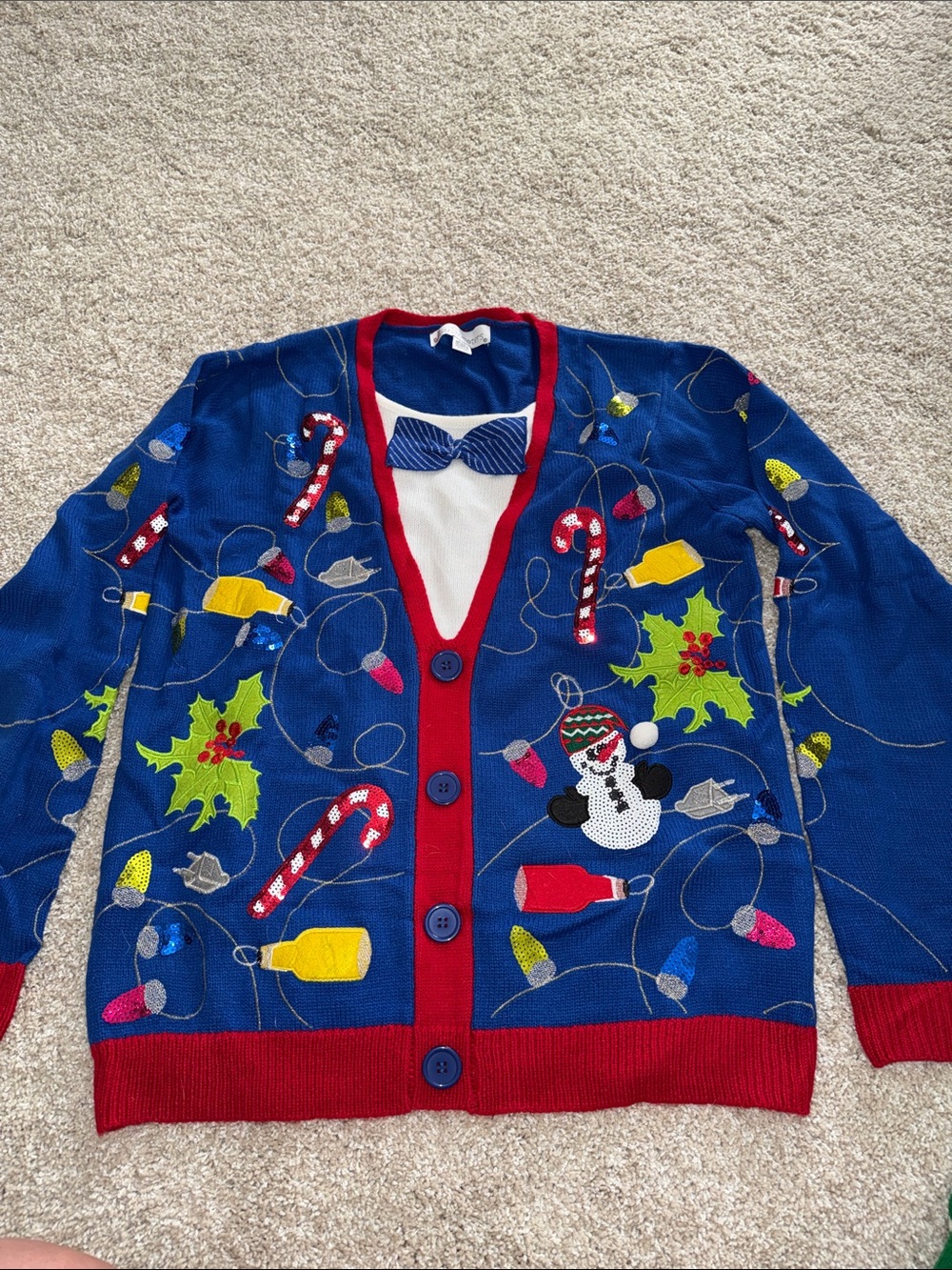 Blue Holiday-Embroidered Men's Cardigan with Red Trim